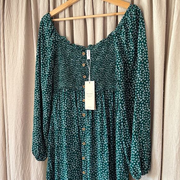 Dokotoo Dresses & Skirts - Modest Green Floral Smocked Cottagecore Maxi Dress Button Front NWT Size M